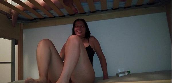  Milking a cock at the youth hostel while masturbating in a bunk bed